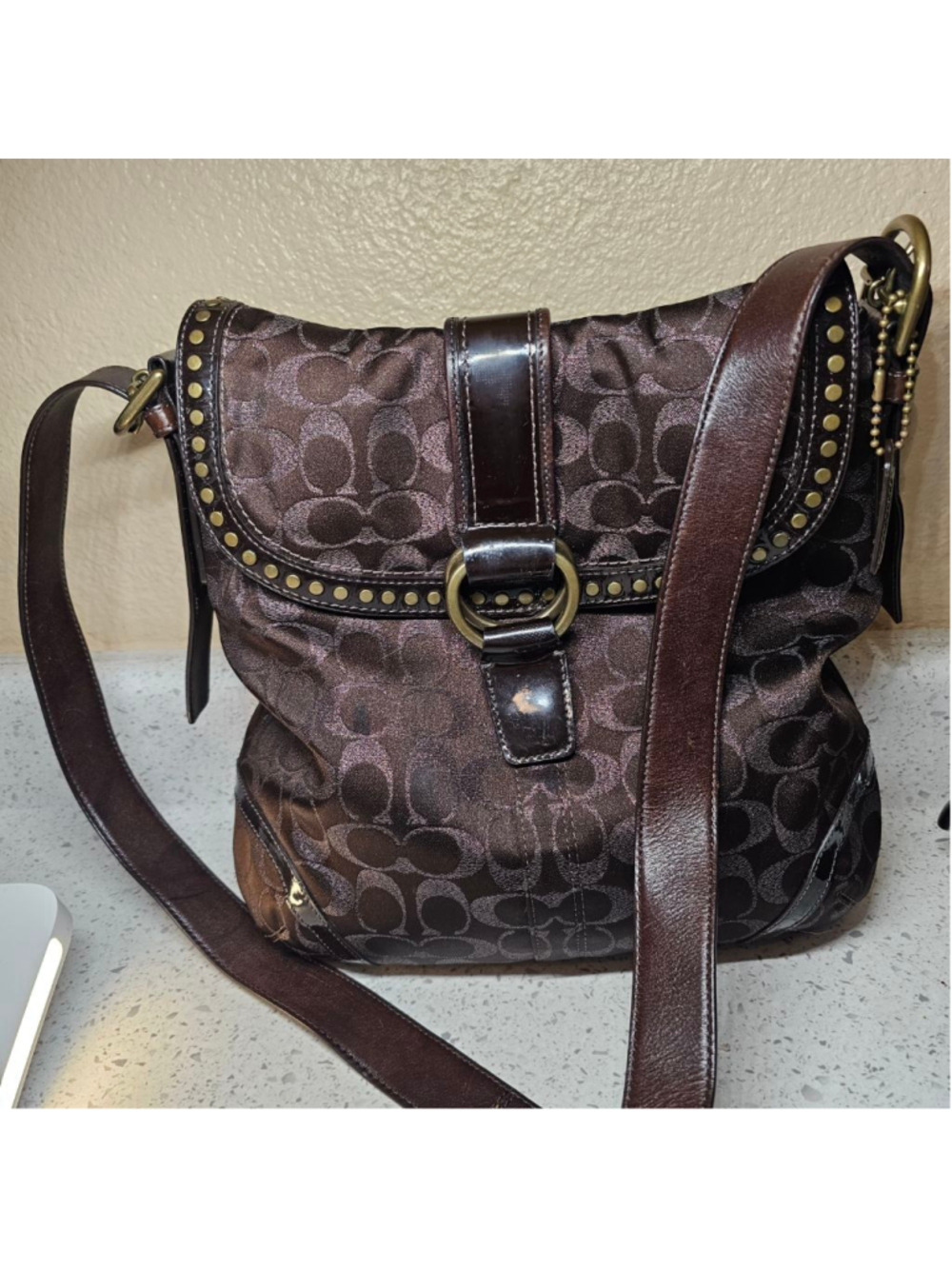 Coach Brown Signature Jacquard Studded Flap Shoulder Bag